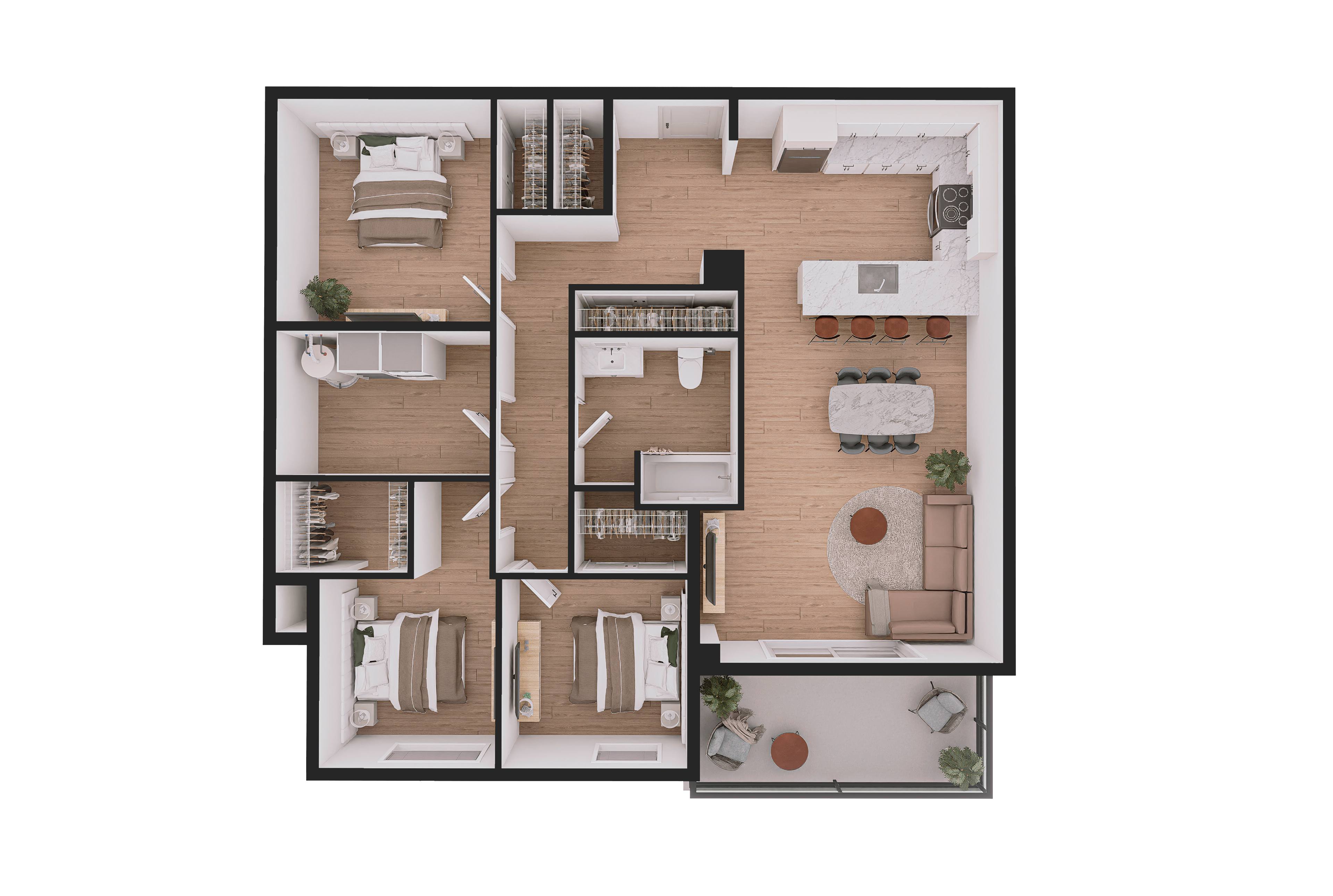 A floor plan of a house with multiple rooms and furniture layouts.