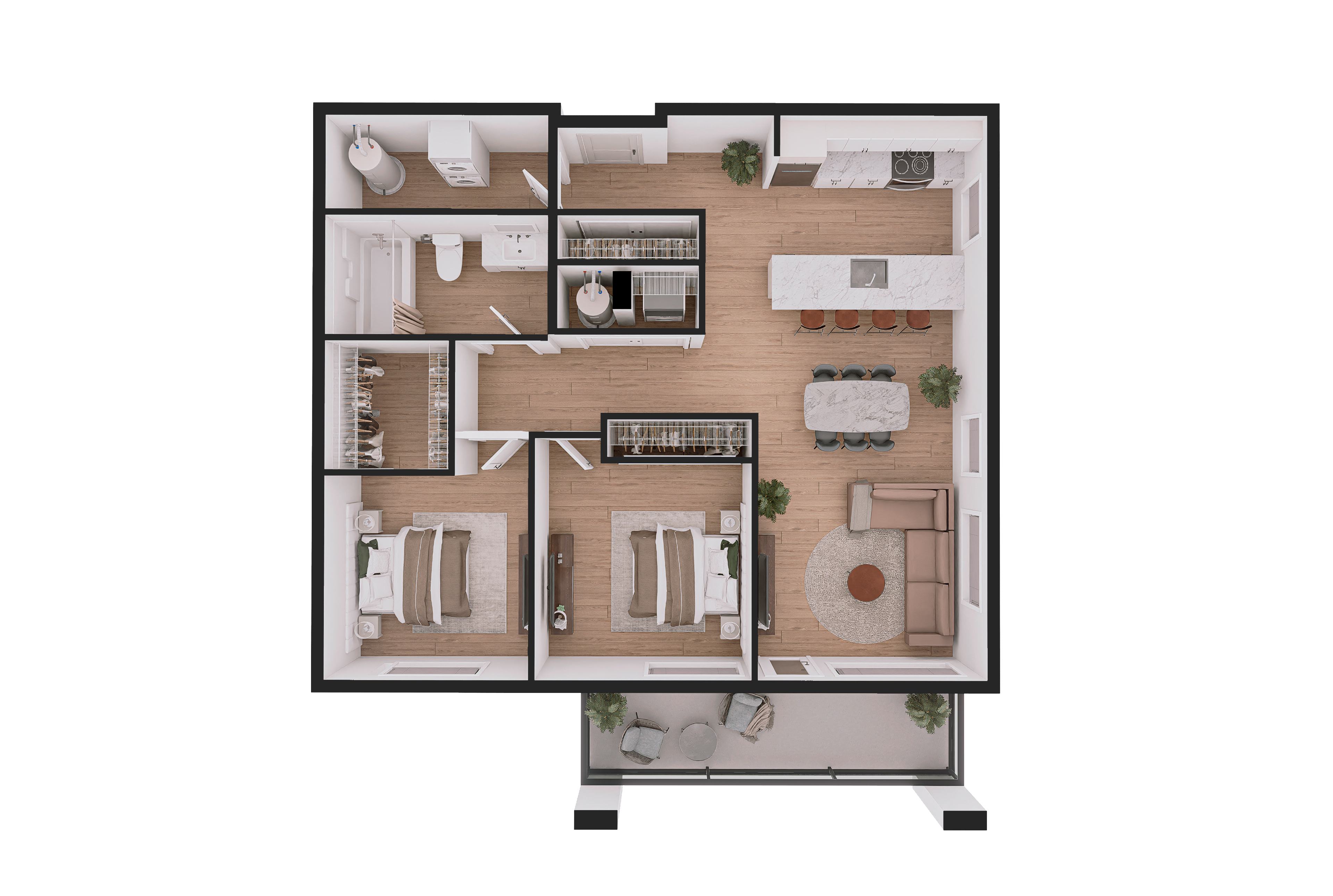 A floor plan of a house with a kitchen, living room, dining room, and two bedrooms.