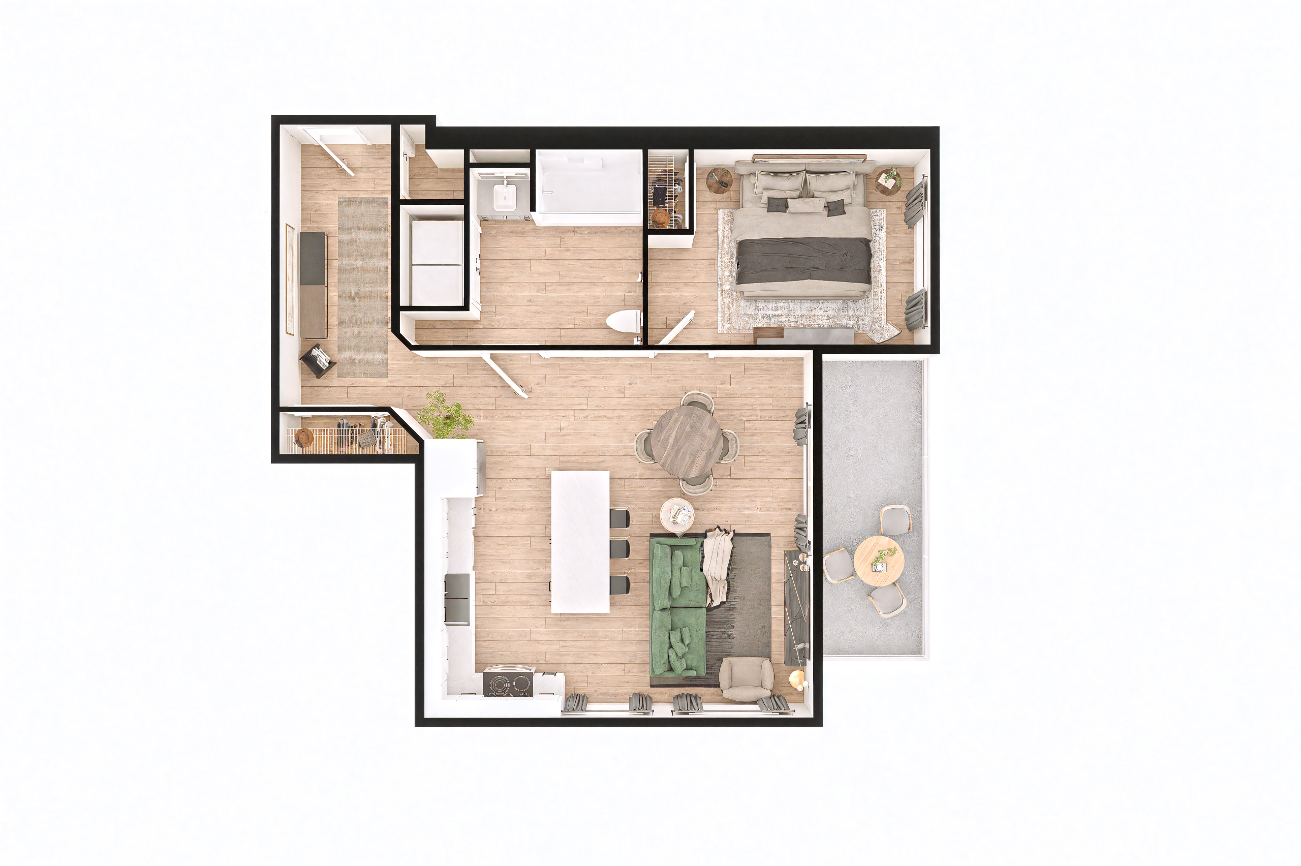 A floor plan of a house with a living room, kitchen, and two bedrooms.