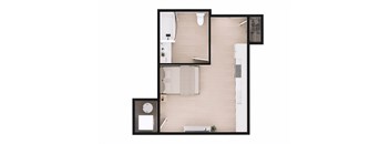 A top down view of a small apartment with a bed, a desk, and a chair.