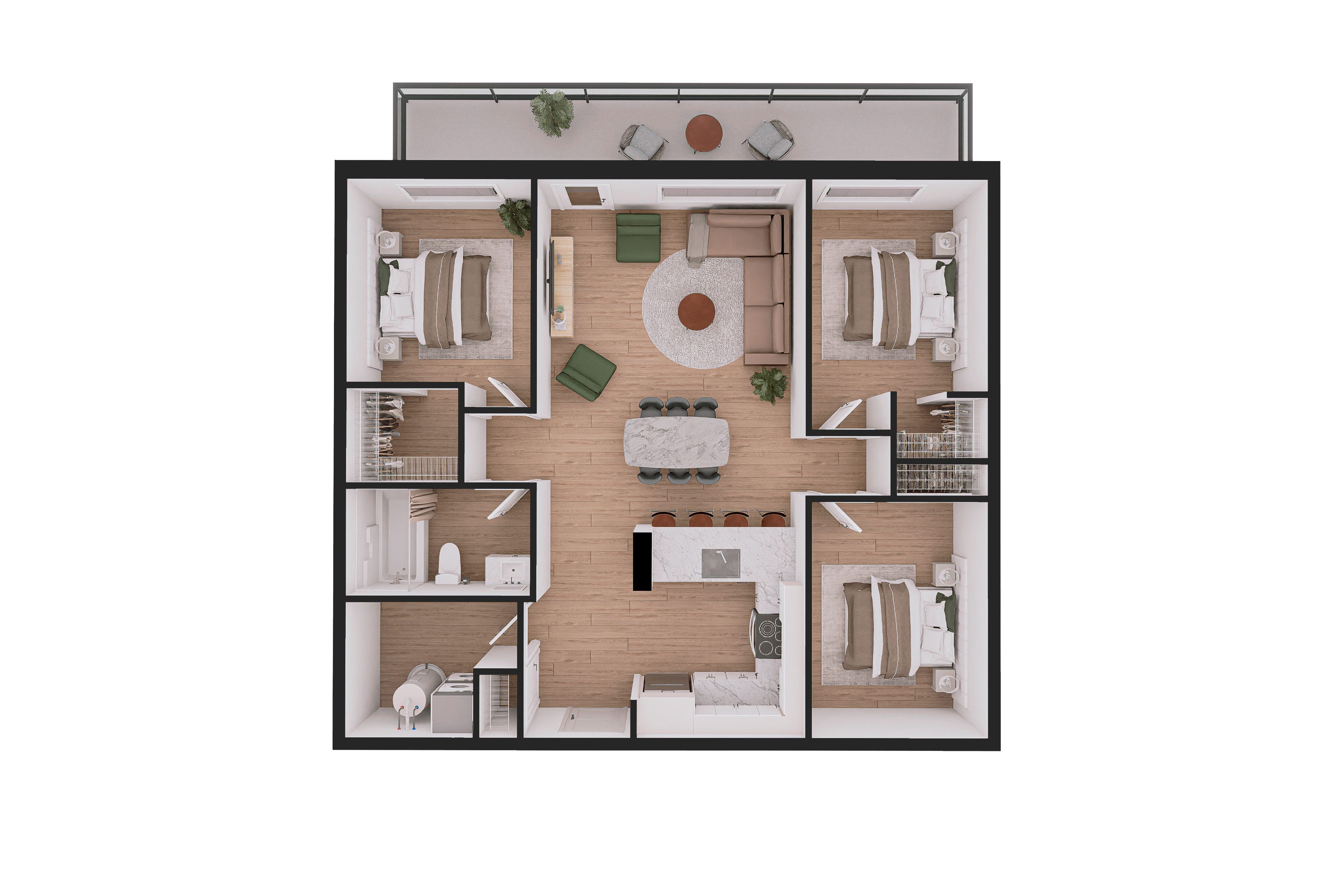 A floor plan of a house with a central courtyard and four bedrooms.
