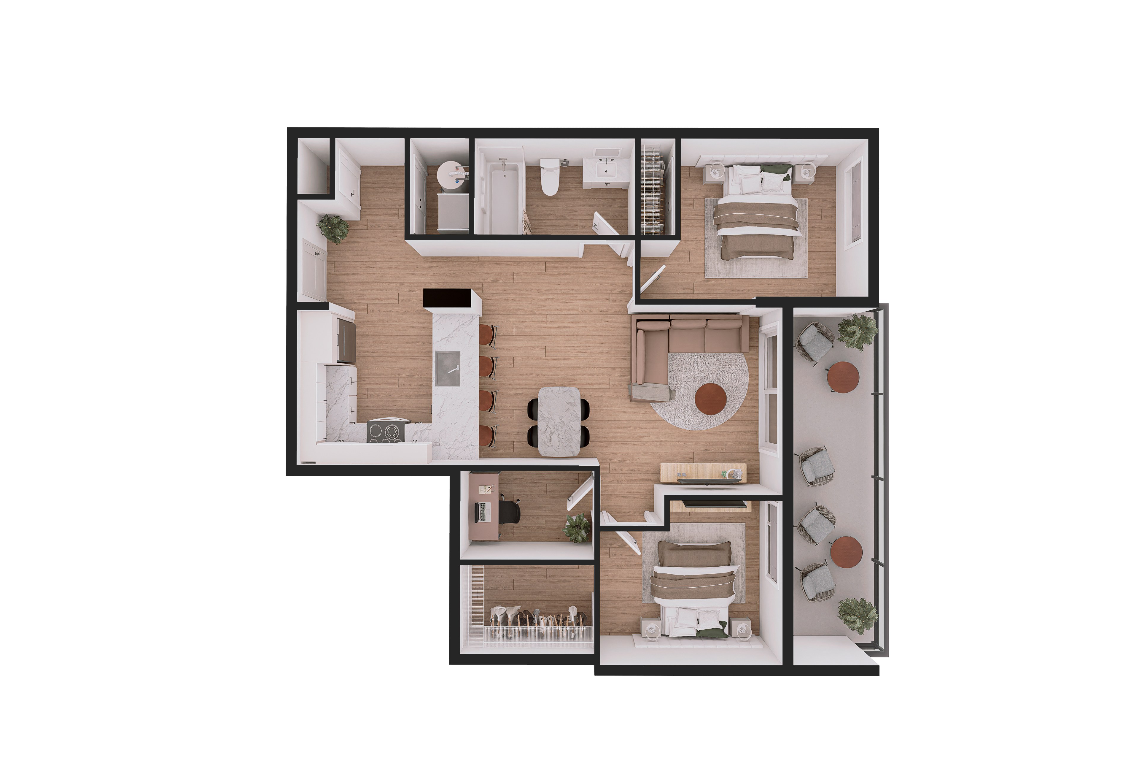 A floor plan of a house with a kitchen, living room, and two bedrooms.