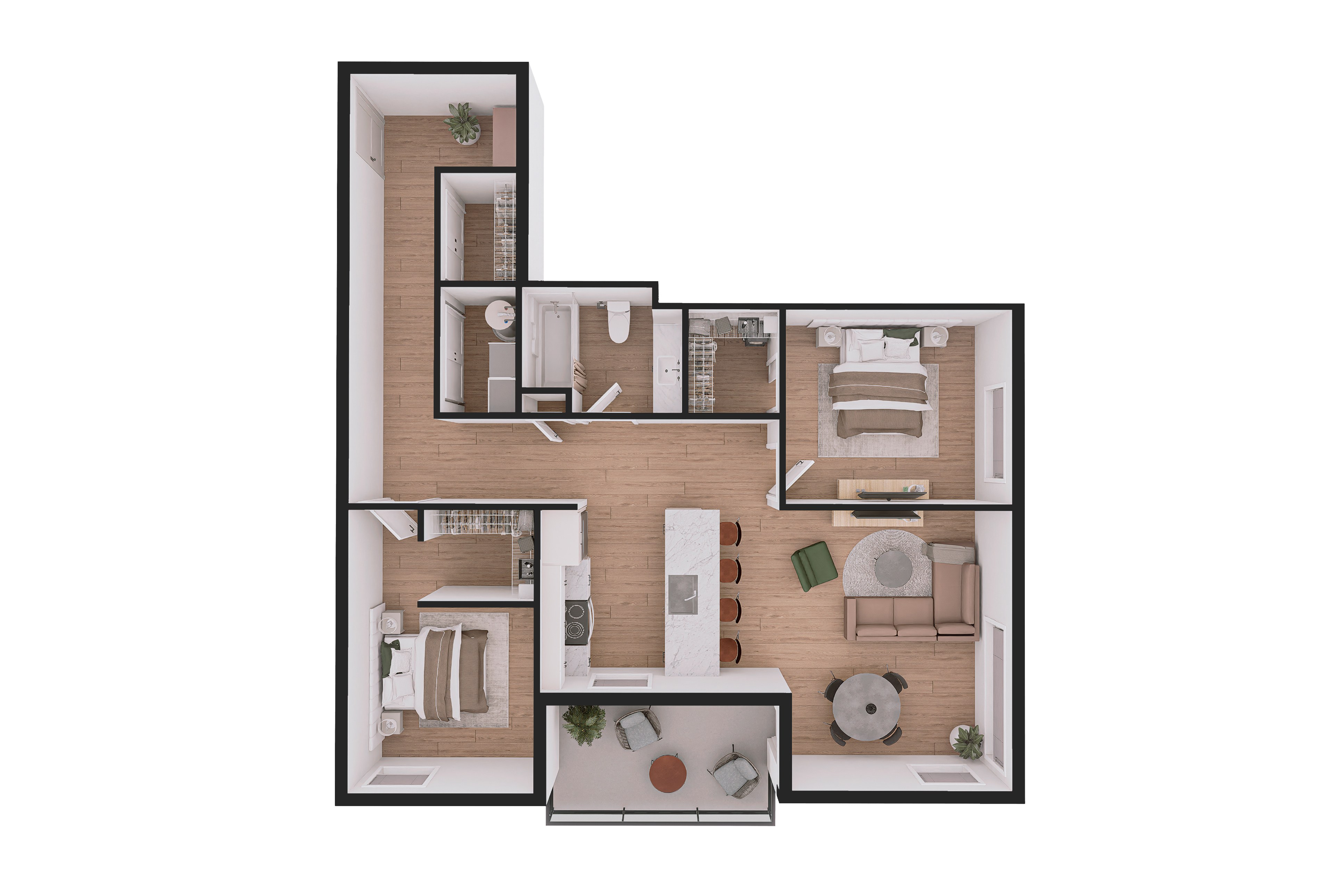 A floor plan of a house with a kitchen, living room, and bedrooms.