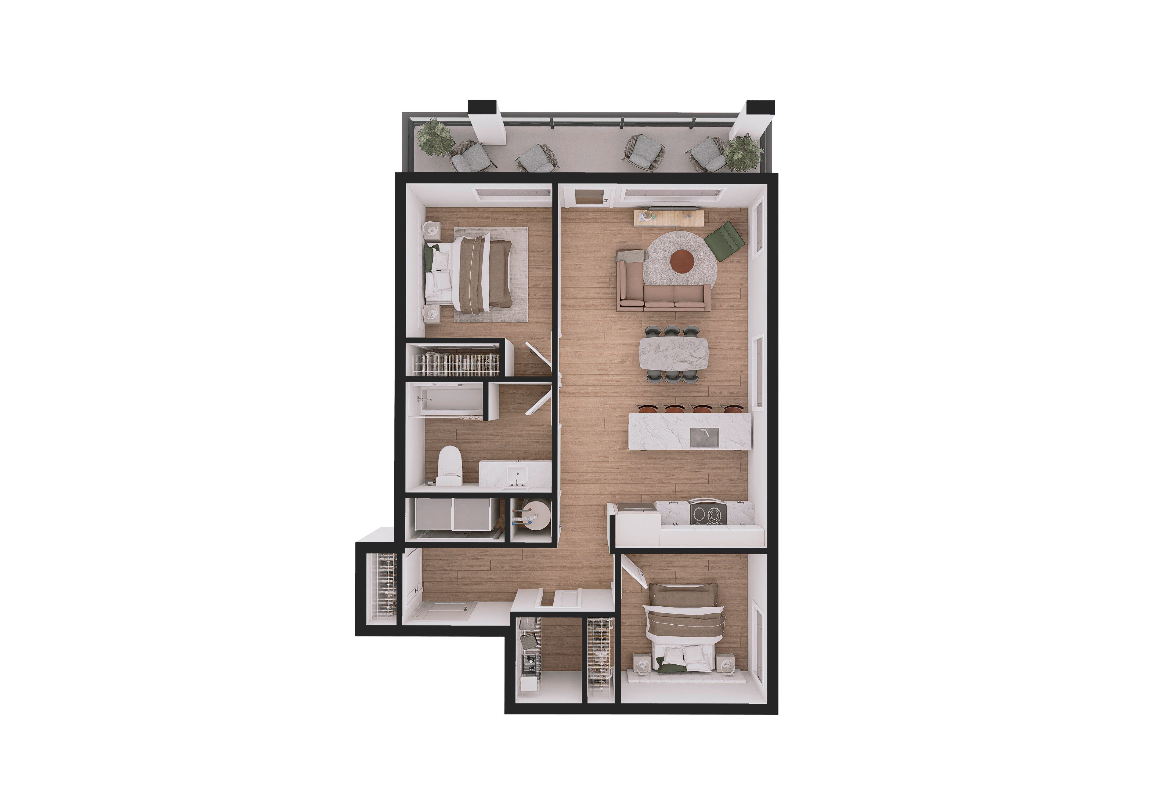 A 3D floor plan of a house with a kitchen, living room, and two bedrooms.