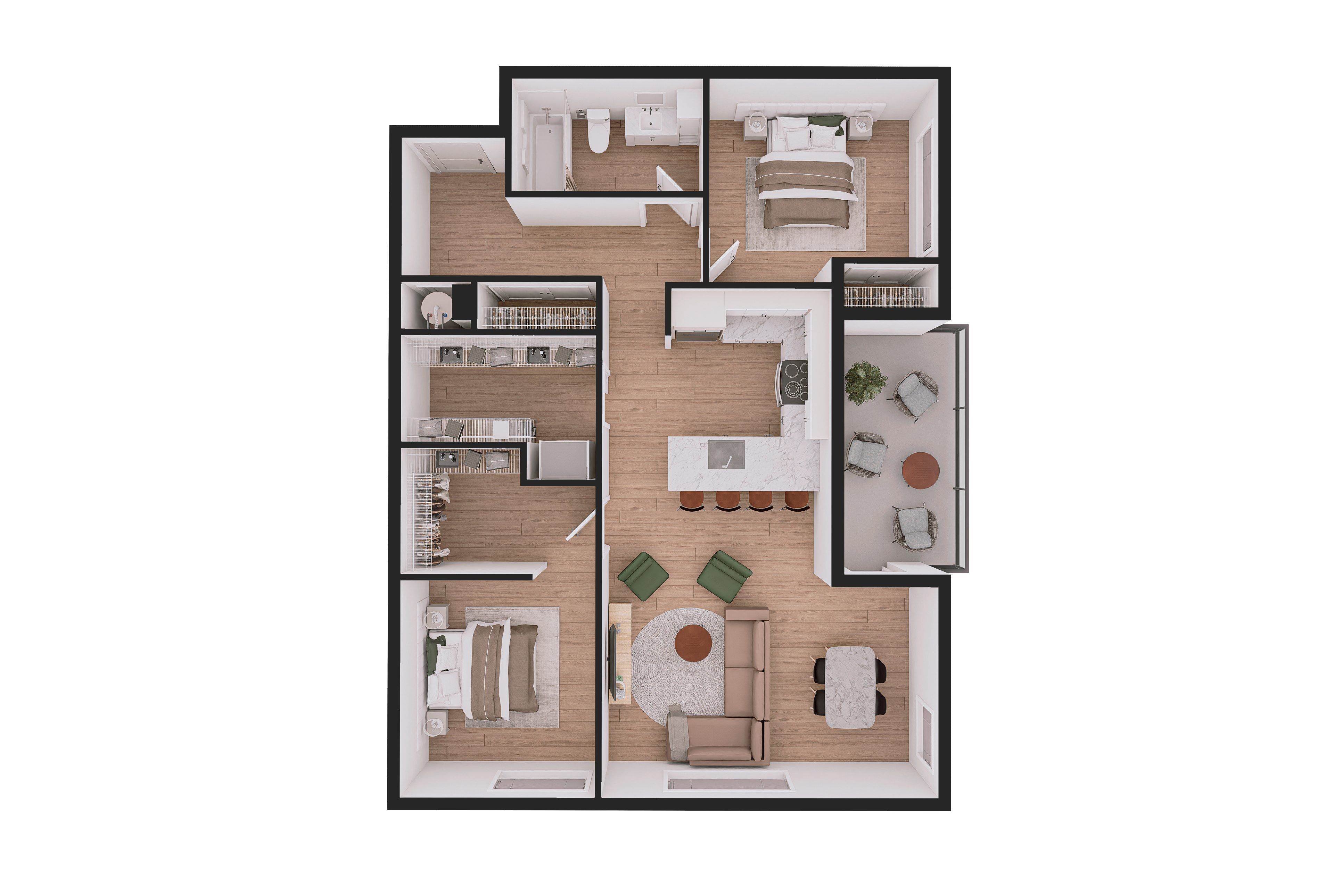 A floor plan of a house with a kitchen, living room, dining room, and two bedrooms.