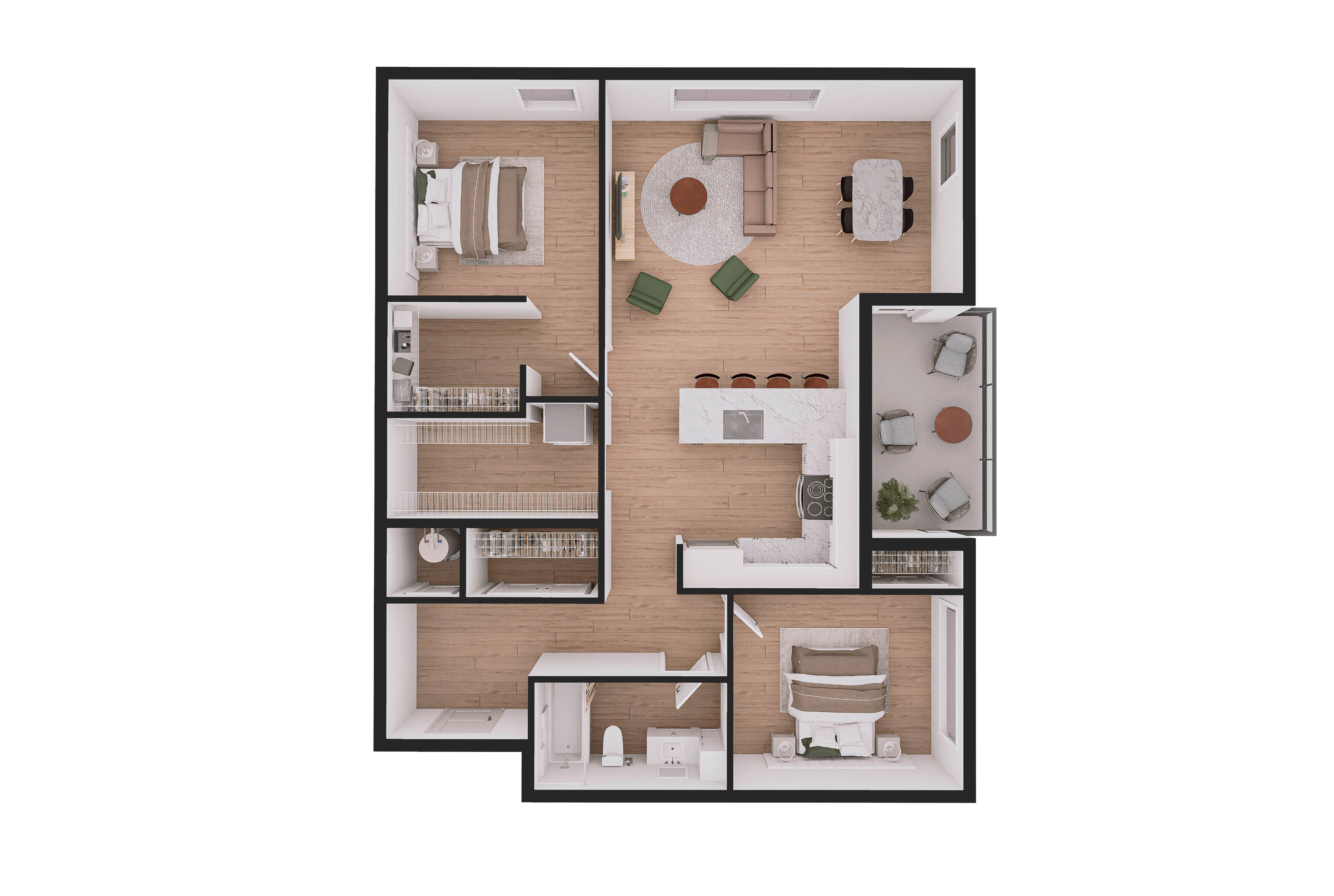 A floor plan of a house with a kitchen, living room, dining room, and bedrooms.