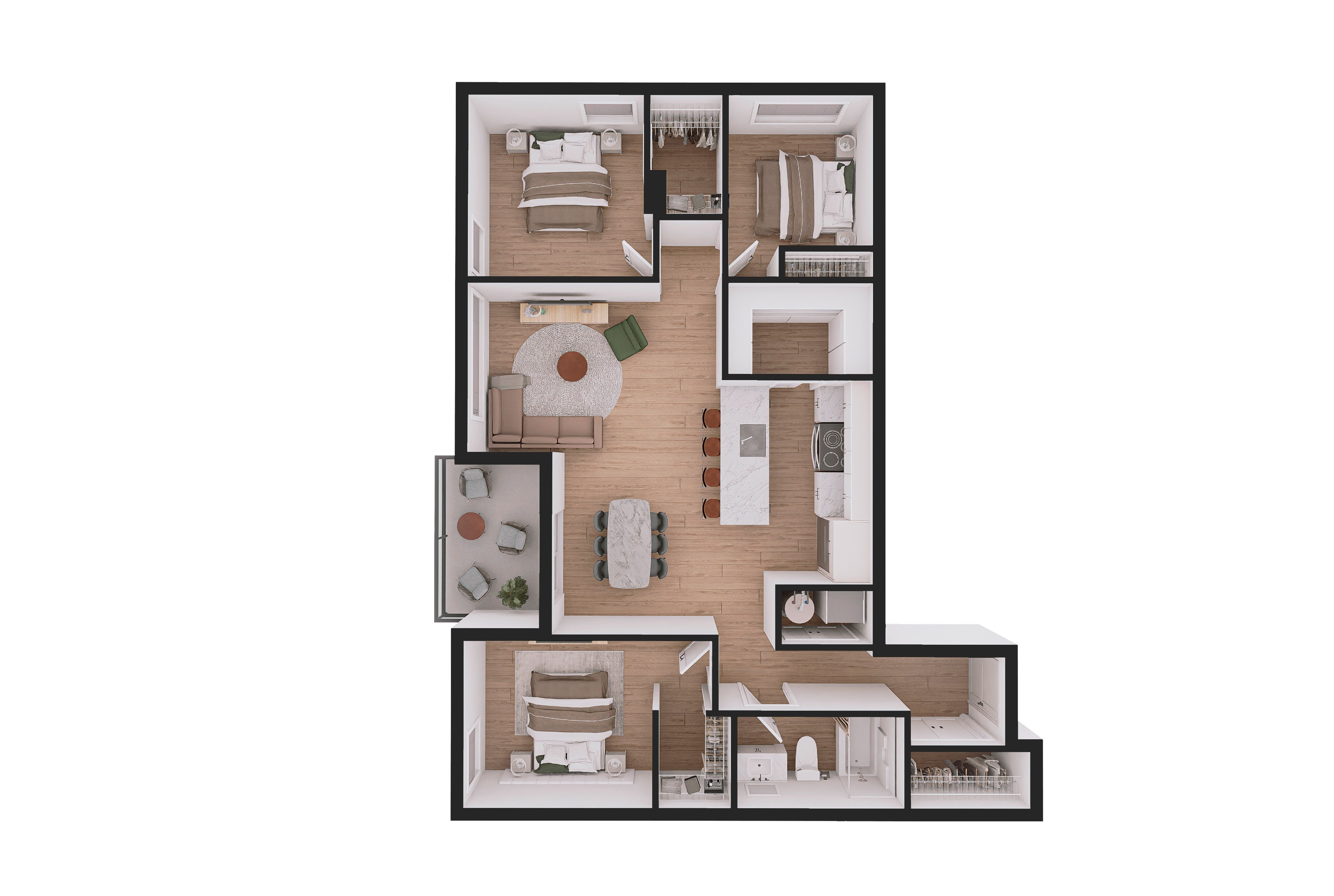 A floor plan of a house with a kitchen, living room, and bedrooms.
