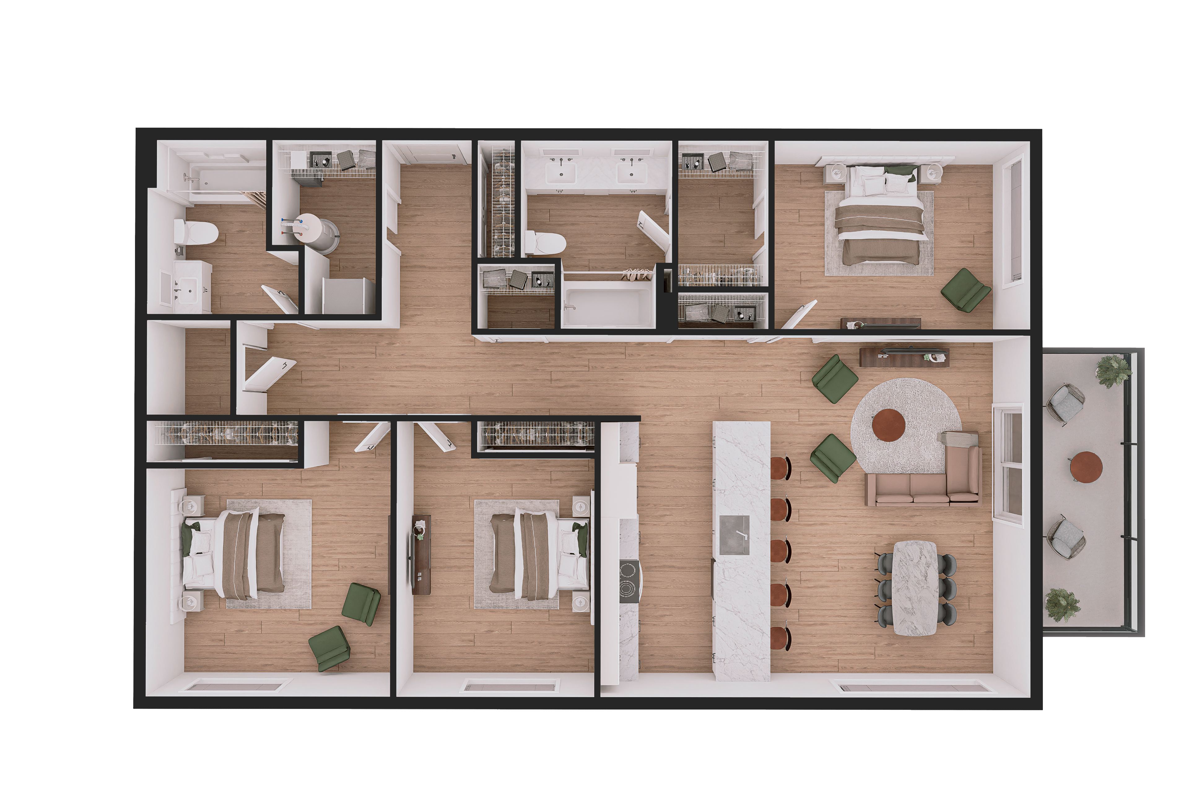 A floor plan of a house with a kitchen, living room, dining room, and two bedrooms.