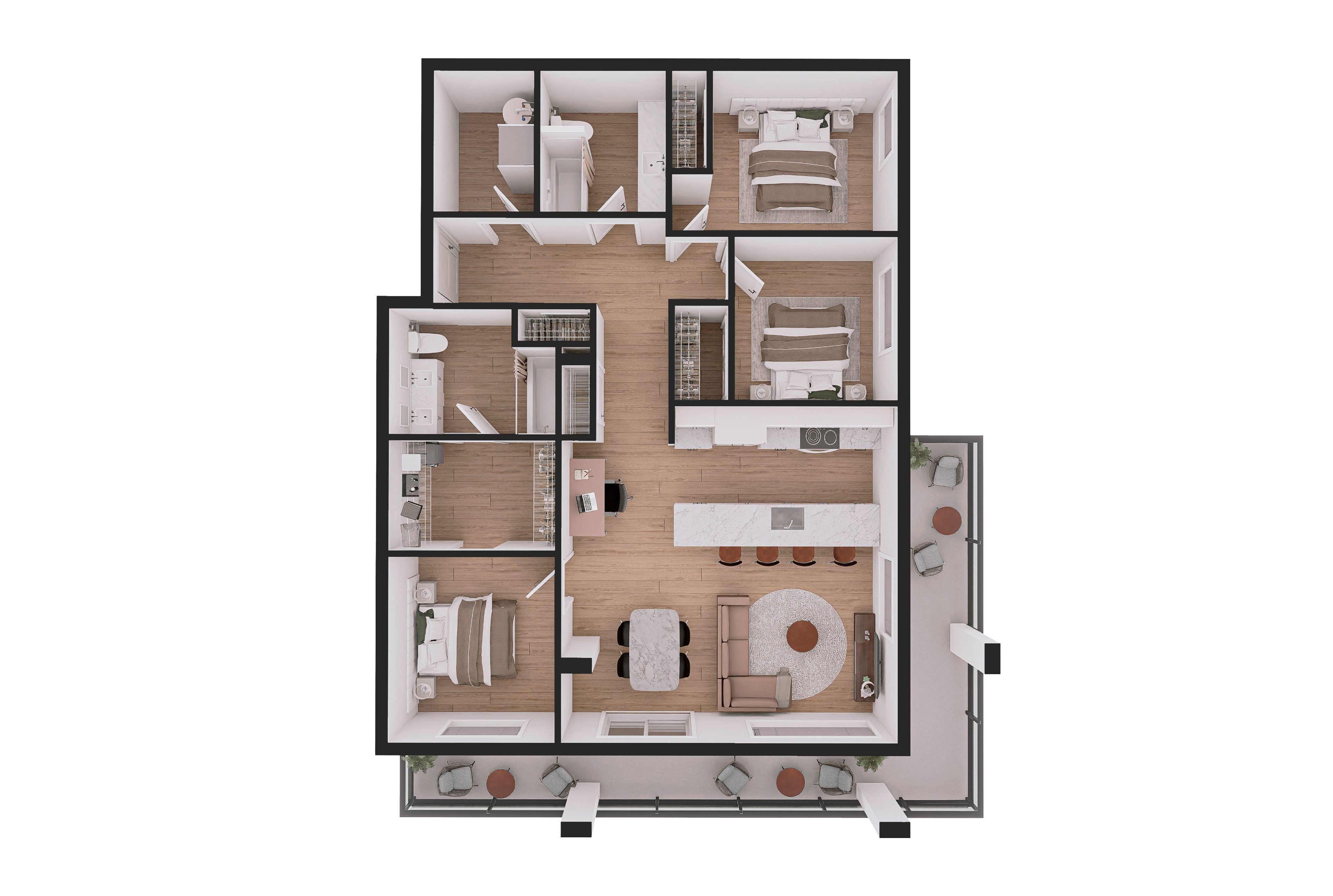 A floor plan of a house with a kitchen, living room, dining room, and two bedrooms.