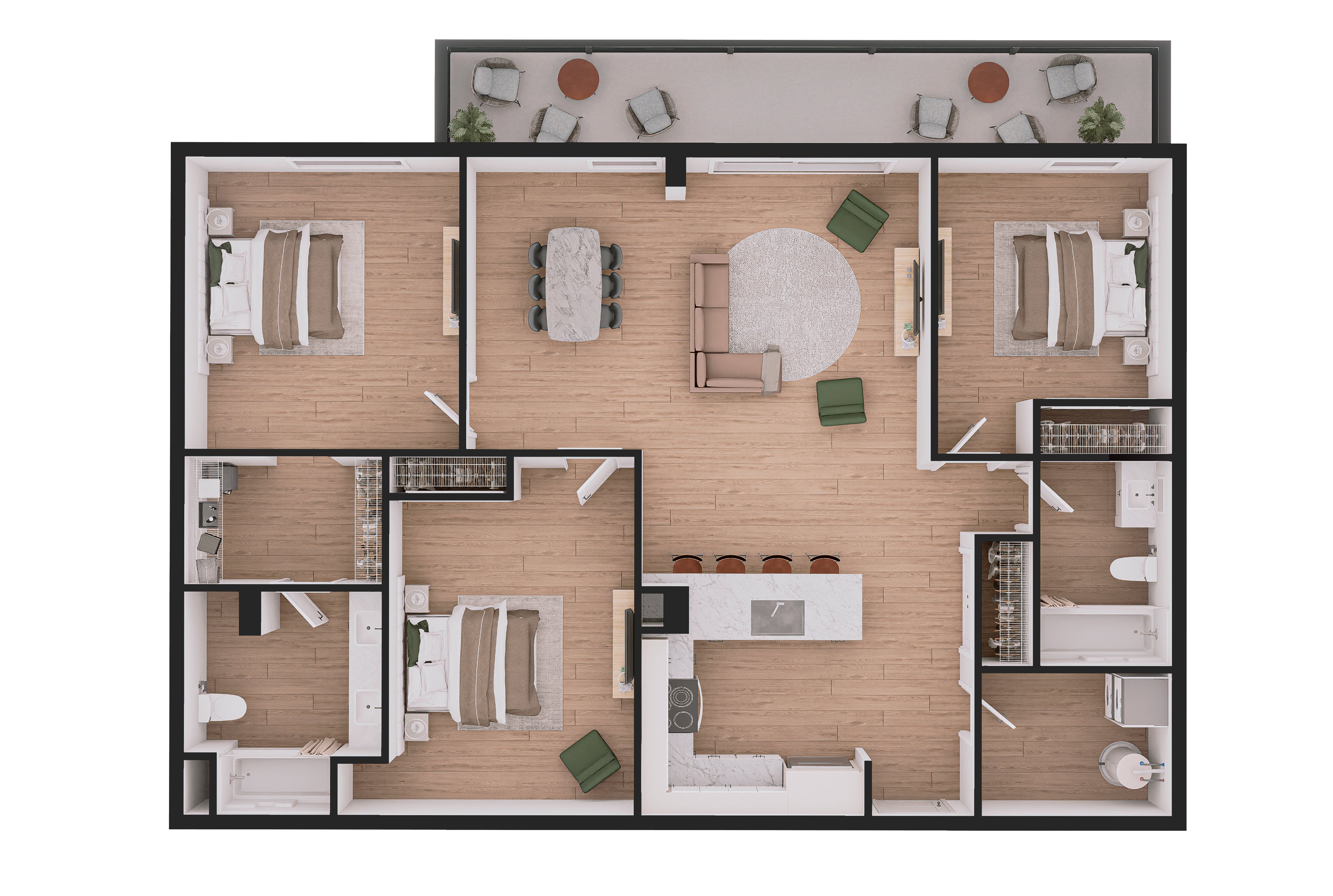 A floor plan of a house with two bedrooms, a living room, a kitchen, and a bathroom.