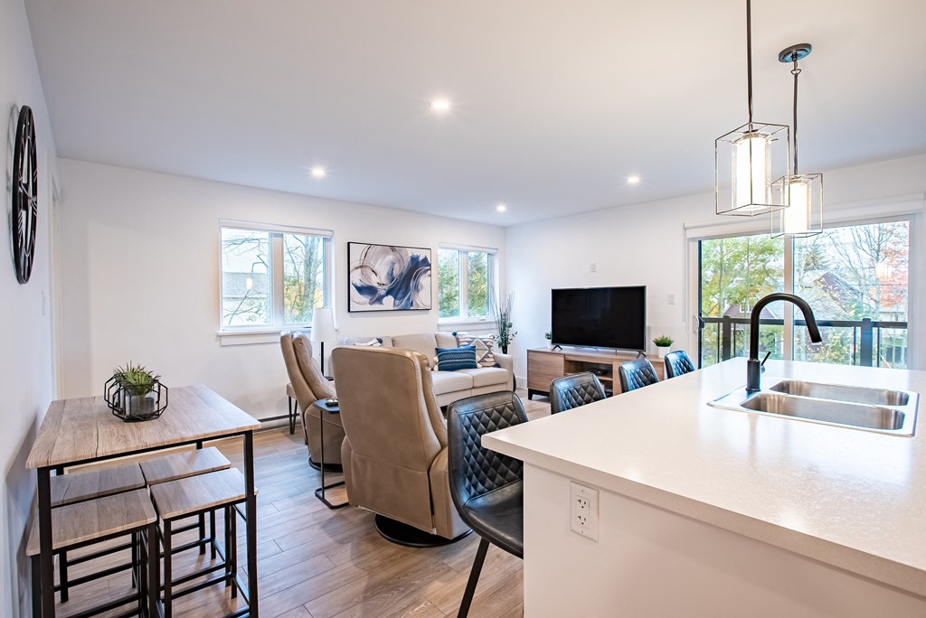 a living room with a kitchen and a dining table