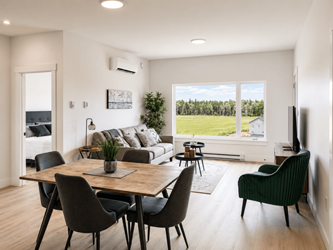 A modern dining room with a wooden table and chairs.
