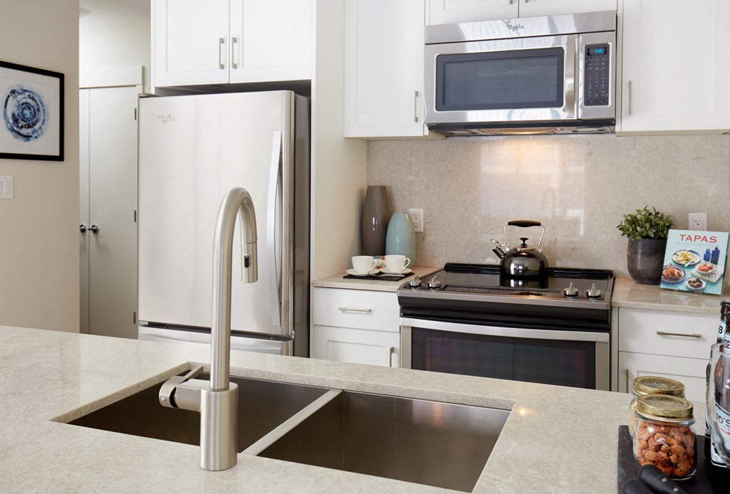 a kitchen with stainless steel appliances and a sink