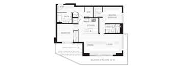 Plan 2B - 2 Bed + Den + 2 Bath, 912-917 sq. ft.
