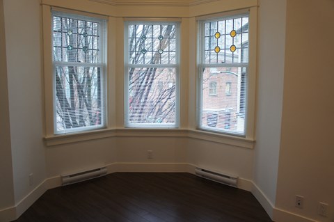 A room with a window overlooking a tree.