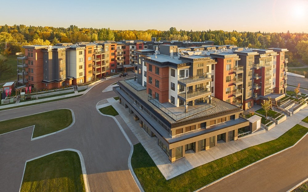 an aerial view of an apartment complex in a city