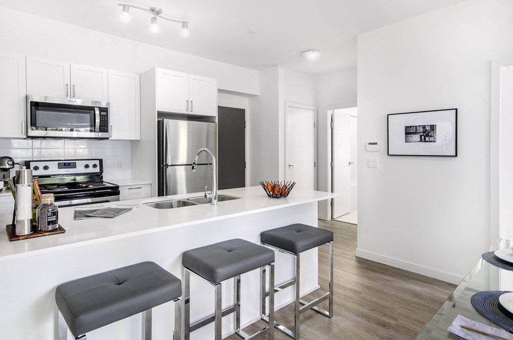 a kitchen with a bar and stools