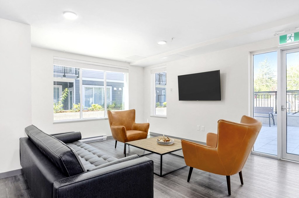 a living room with a couch and chairs and a television