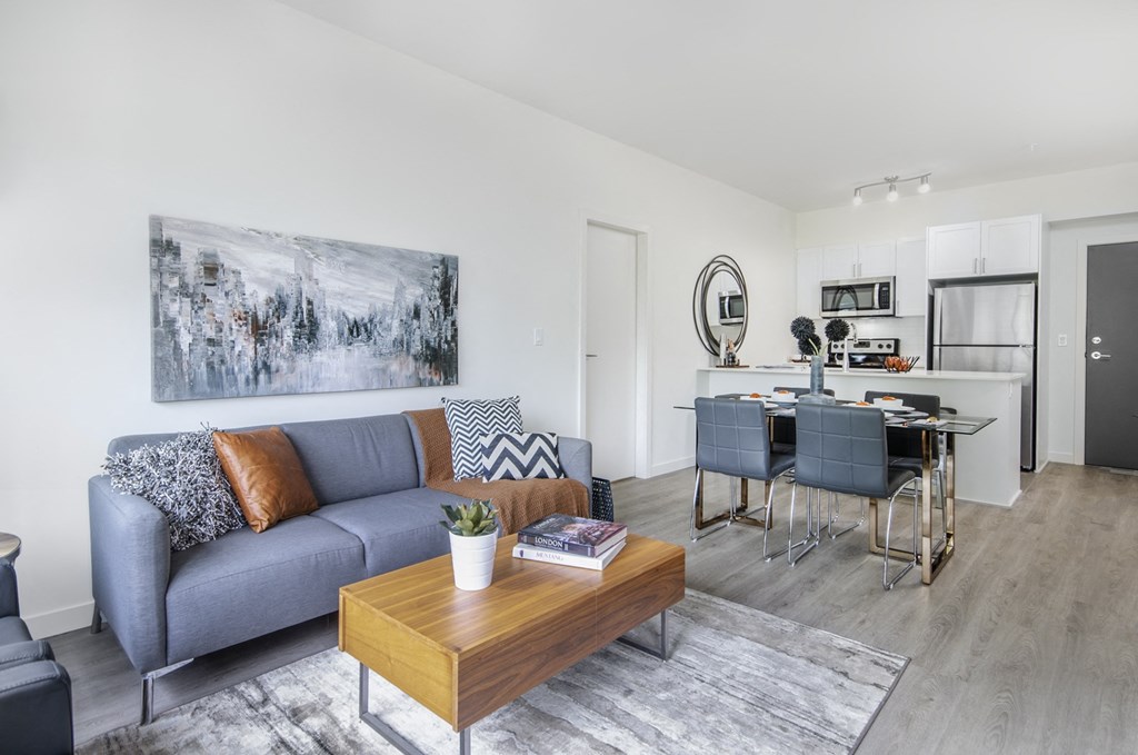 a living room with a couch and a coffee table and a kitchen with a counter