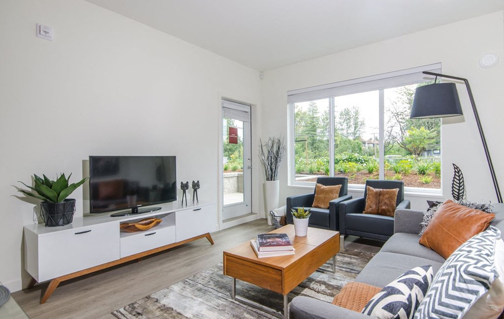 a living room with a couch and a coffee table and a television