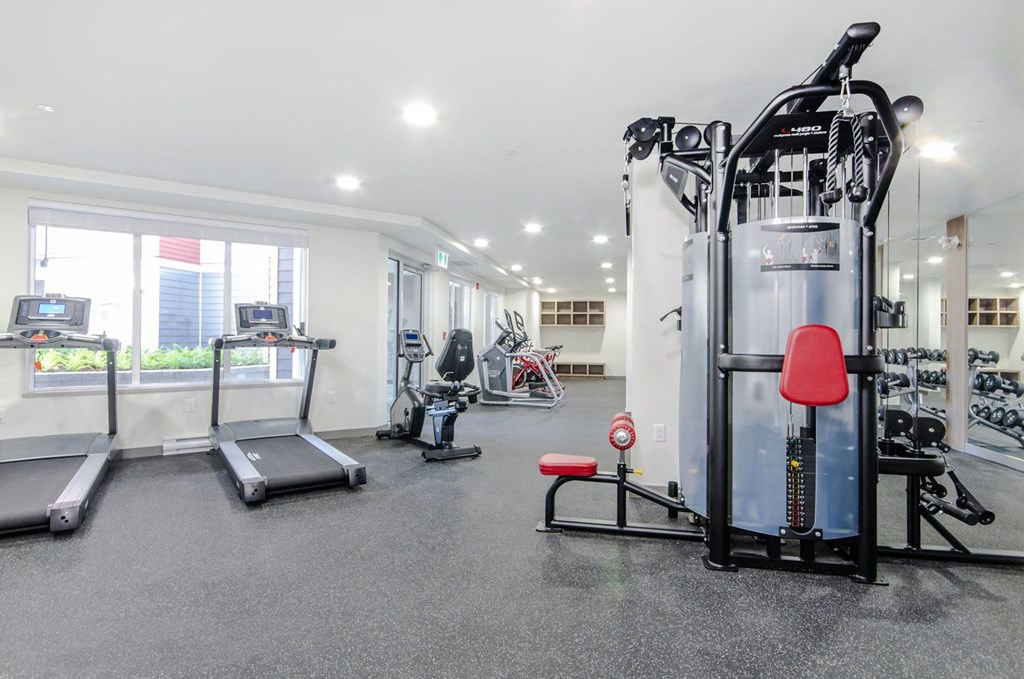 the gym at the landing at pullman apartments in pullman