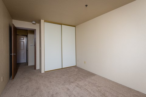 a bedroom with white walls and carpet and a door to a closet