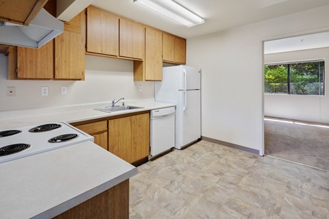 a kitchen with white appliances and wooden cabinets and a white refrigerator