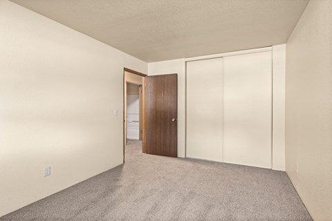 bedroom with carpet and white walls and a door to a closet