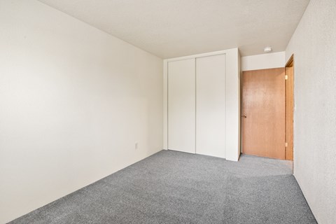 a bedroom with a carpeted floor and a door to a closet