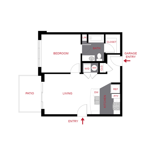 A simple floor plan of a house with a garage entry.