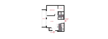 A floor plan of a house with a living room, dining room, kitchen, bathroom, bedroom, and garage.
