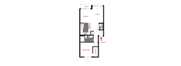 A floor plan of a house with a living room, dining room, kitchen, bathroom, bedroom and closet.
