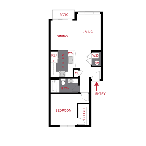 A floor plan of a house with a living room, dining room, kitchen, bathroom, bedroom and closet.