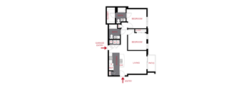 A floor plan of a house with a living room, two bedrooms, a bathroom, a kitchen, a pantry, and a garage entry.
