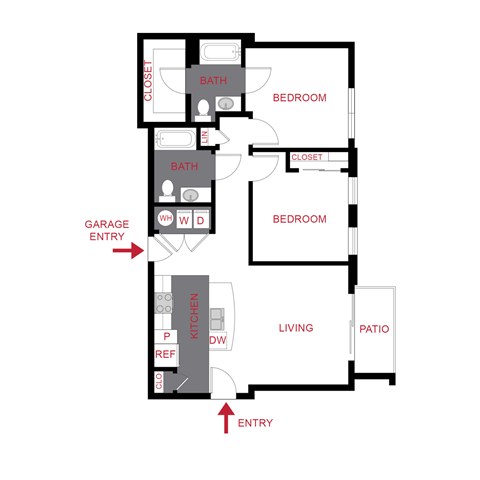 A floor plan of a house with a living room, two bedrooms, a bathroom, a kitchen, a pantry, and a garage entry.