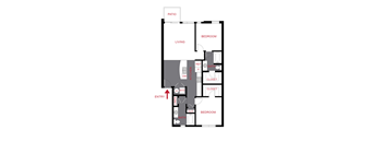 A floor plan of a house with a living room, two bedrooms, a patio, and an entry point.
