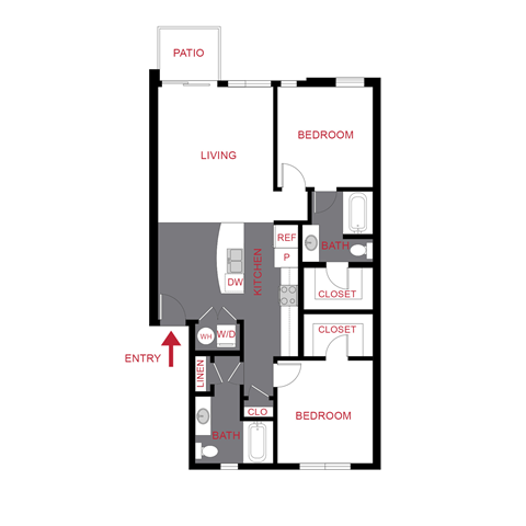 A floor plan of a house with a living room, two bedrooms, a patio, and an entry point.