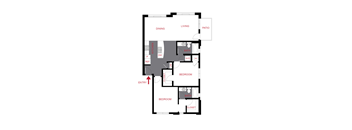 A floor plan of a house with a kitchen, two bathrooms, two bedrooms, a living room, a dining room, and a patio.