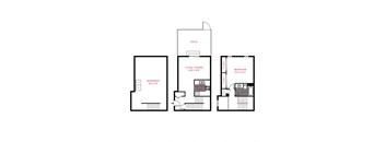 One bed one bath townhome floorplan with  a large unfinished basement, large living/ dining area on the second floor with a private patio and kitchen. Bedroom on the top floor with full bath and closet space.