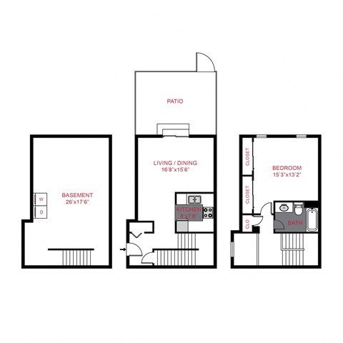 One bed one bath townhome floorplan with  a large unfinished basement, large living/ dining area on the second floor with a private patio and kitchen. Bedroom on the top floor with full bath and closet space.