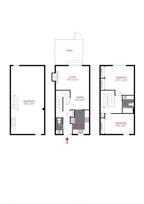 Two bed one and a half bath townhome floor plan with a large unfinished basement with washer and dryer, a large living and dining space on the second floor with a private patio and kitchen and a half bath. Two bedrooms on the top floor with a shared full bathroom.