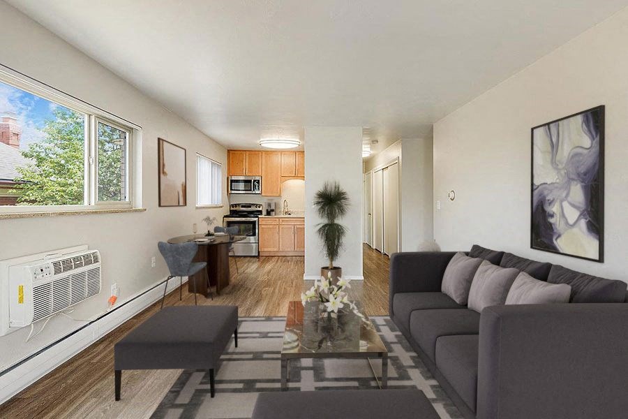 Living room with kitchen view