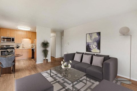 Living room with kitchen view
