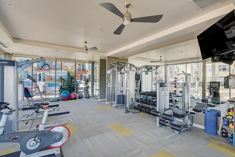 A gym with a variety of equipment including weights and cardio machines.