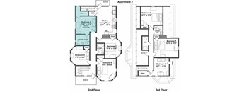 three floor plan of a house with bedrooms and baths and a garage