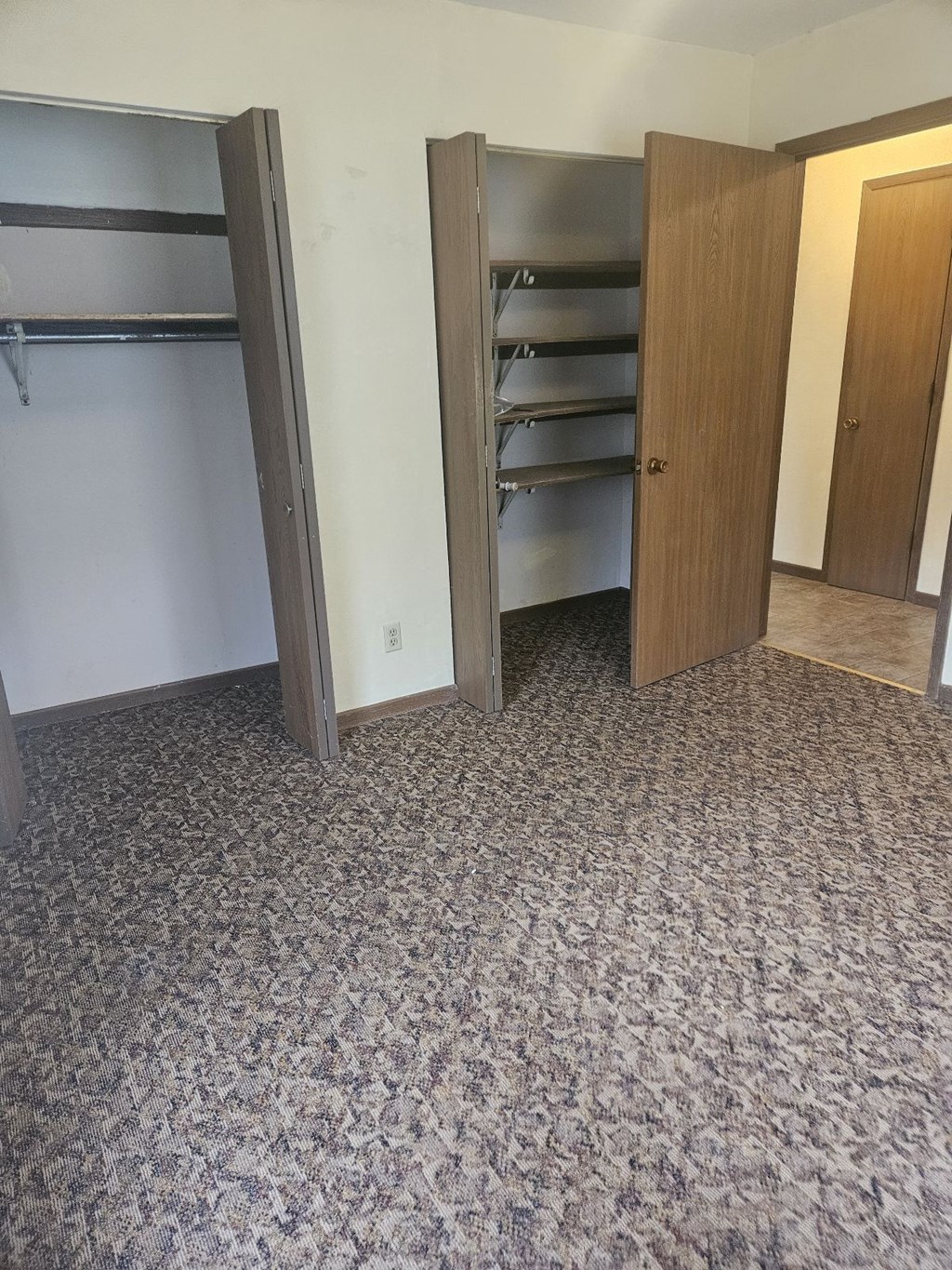 A room with a carpeted floor and a closet with shelves.