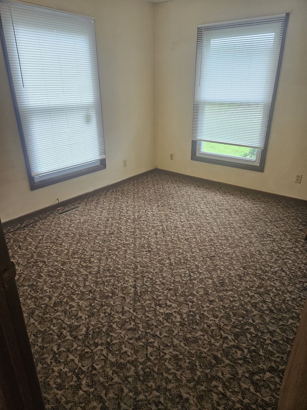 A room with a carpeted floor and two windows.
