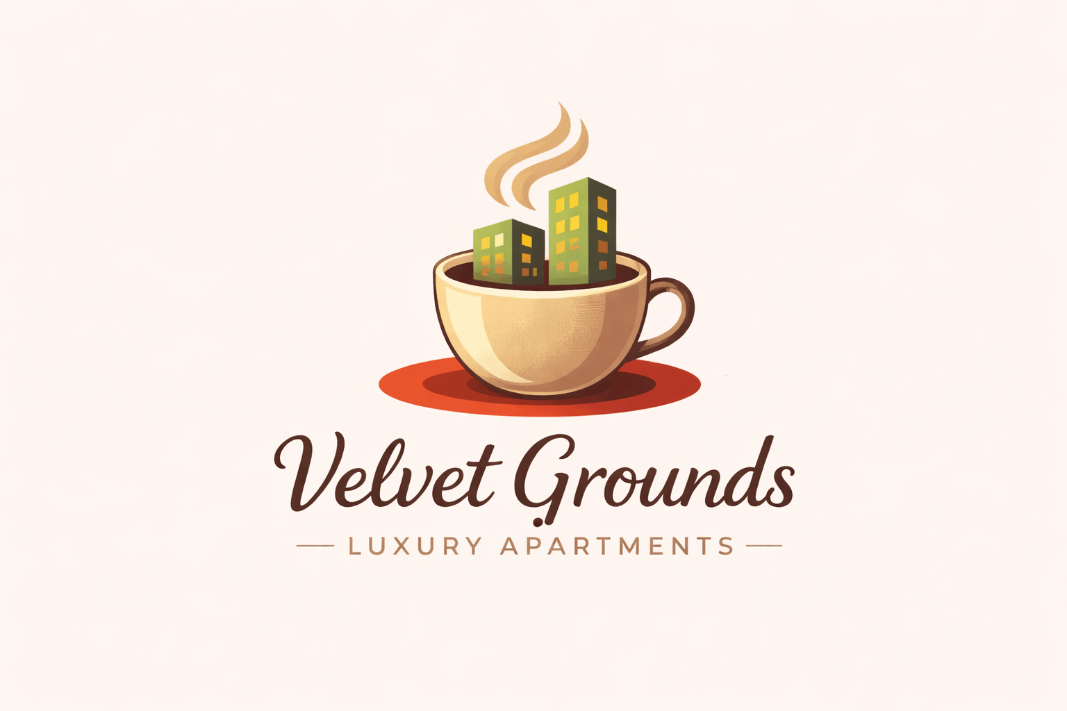 A logo for Velvet Grounds Luxury Apartments features a cup of coffee with steam and three buildings.