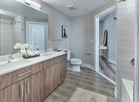 A bathroom with a toilet, sink, and mirror.
