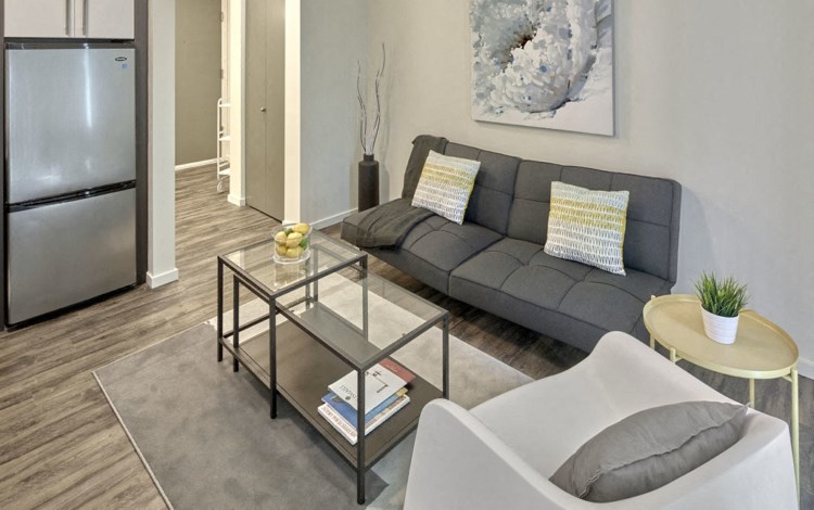 a living room with a gray couch and a glass coffee table